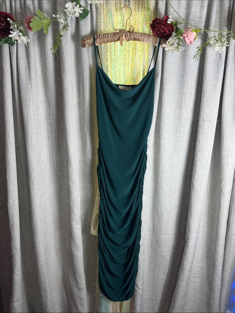 Cowl Neck Ruched Midi Dress - Deep Teal